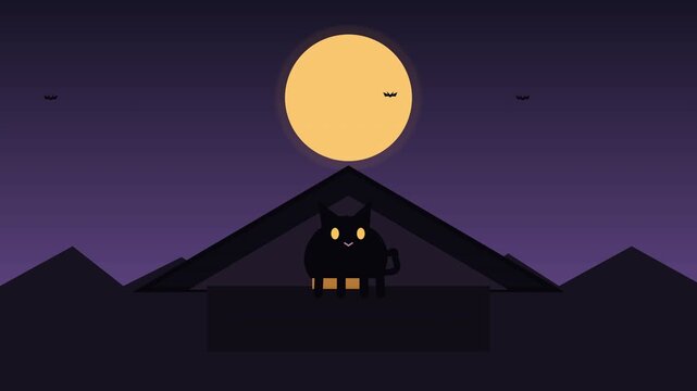 Minimalist vector animation of a mysterious black cat with glowing eyes sitting on a gabled house roof under a full moon