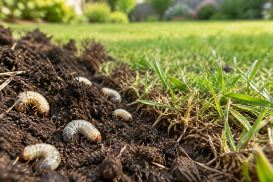 White grubs in soil beside patchy lawn, lawn grubs and turf damage concept