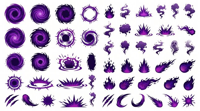 Purple dark magic spell effects and fantasy combat symbols for game