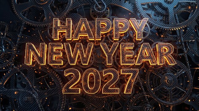 Happy New Year 2027 greeting card background with mechanical clock gears, metallic golden typography, and dark steampunk industrial design elements
