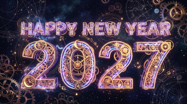 Happy New Year 2027 steampunk greeting card design featuring intricate clockwork gears, glowing typography, celestial starry night background, and vintage mechanical elements