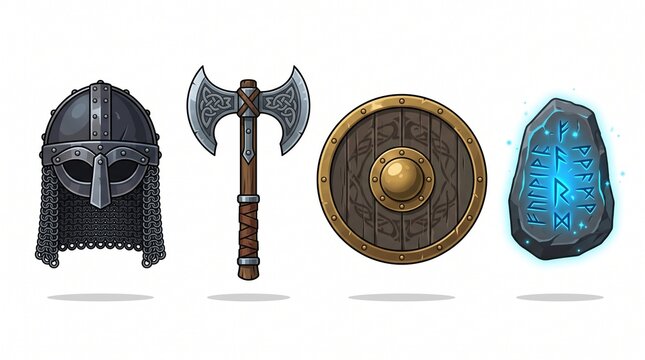 Viking fantasy RPG armor shield axe runestone icon set illustration