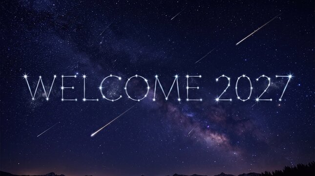 Welcome 2027 text written as starry constellation with shooting stars and milky way galaxy background for new year celebration concepts
