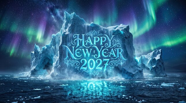 Happy New Year 2027 greeting card design with carved ice text on an iceberg under northern lights aurora borealis and starry night sky winter holiday background