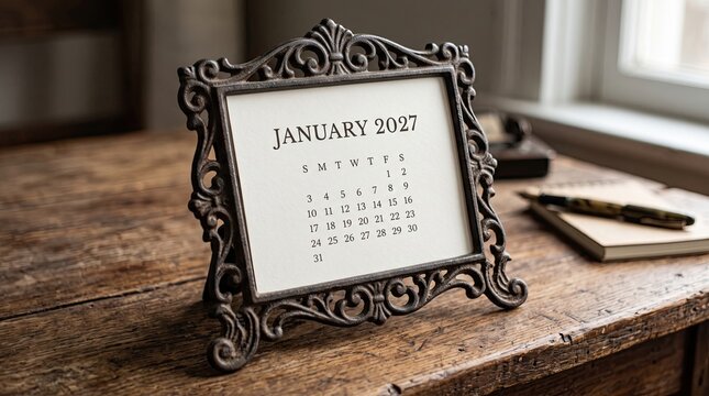 January 2027 calendar in an ornate vintage metal picture frame standing on a rustic wooden desk with a notebook and pen in the background for time management and planning concepts