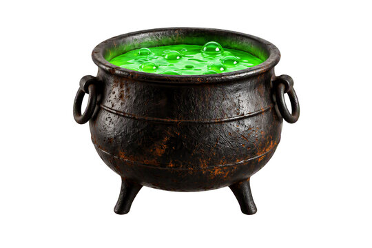 Witch cauldron with green boiling potion isolated on white transparent background, Halloween magic pot, PNG