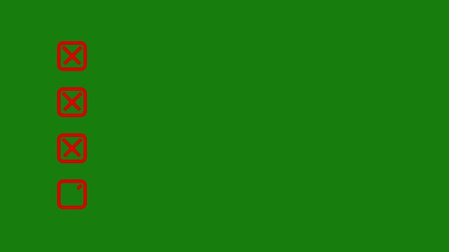 Five bullet point multiple choice checklist presentation boxes with crosses animation on green background. Red wrong incorrect cross square boxes for rejection, evaluation animation