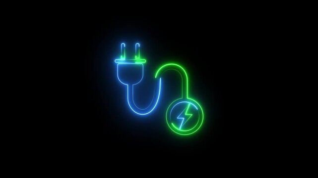 Power charge icon with electric plug and lightning bolt neon glowing animation on black background. Lightning bolt electric plug animation for charging supply, energy, power