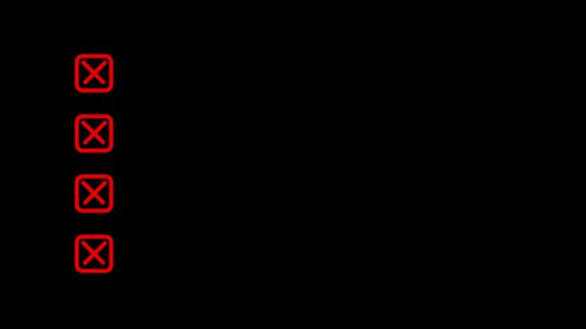 Five bullet point multiple choice checklist presentation boxes with crosses animation on black background. Red wrong incorrect cross square boxes for rejection, evaluation animation