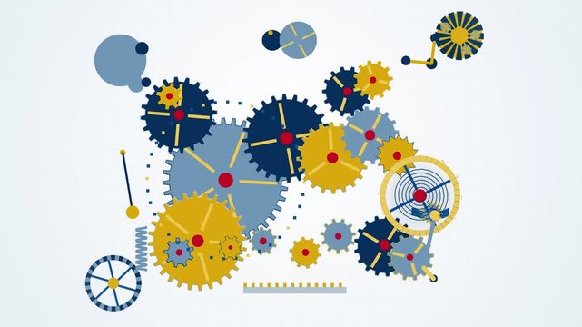 Abstract illustration of interconnected mechanical gears and cogs symbolizing industrial teamwork and complex business system synchronization for efficiency
