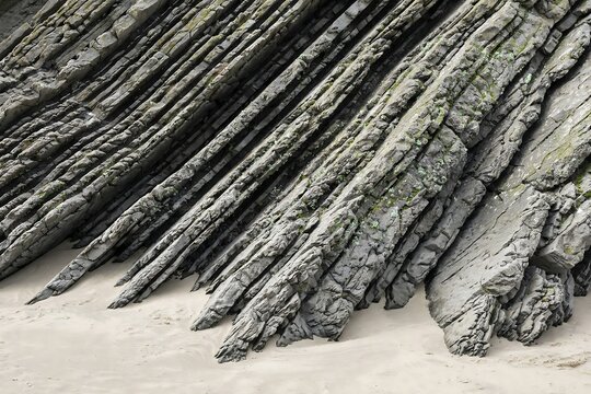 Flysch rock formations with tilted sedimentary layers on a sandy beach