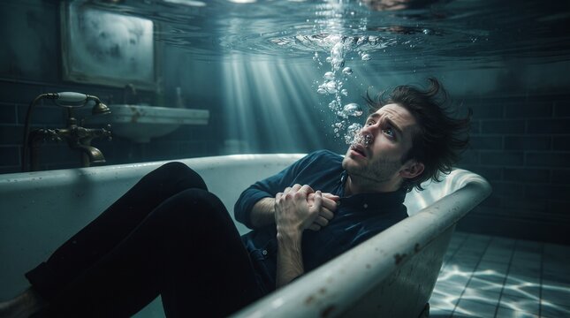 Man submerged in a bathtub amid bubbles conveys fear, suffocation, anxiety, and distress, suitable for mentalhealth, drowningprevention, and dangerawareness campaigns.