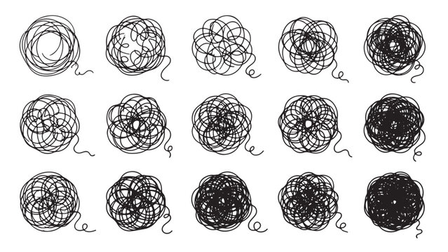 Black hand-drawn tangled scribble balls set with loose thread ends