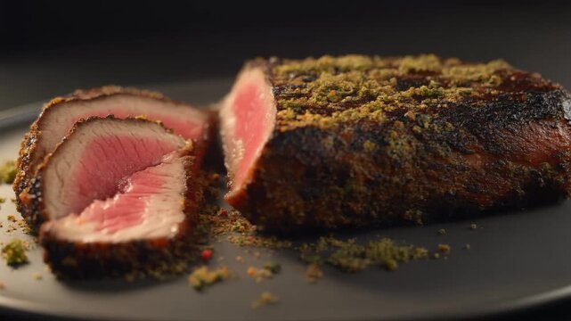 Grilled tri-tip steak sliced on a plate. Medium rare beef roast with herbs for a gourmet dinner.