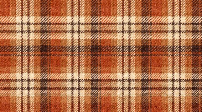 Cozy autumn plaid fabric texture, warm orange and brown tartan pattern background, wool textile design for seasonal autumn projects