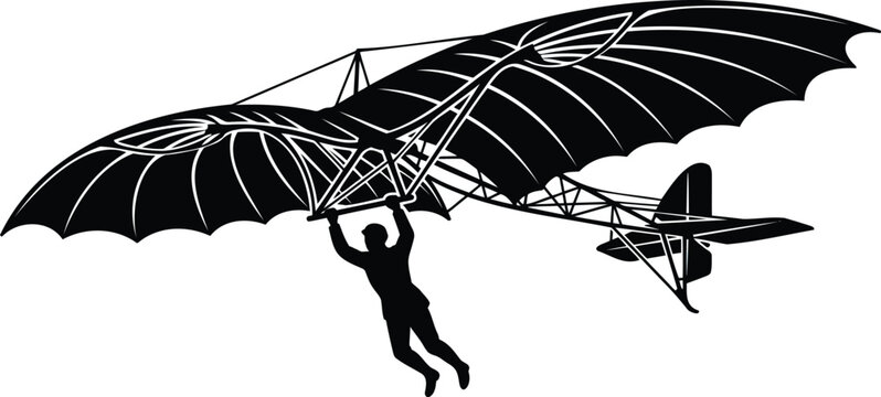 Black silhouette of a person flying an early glider aircraft against a white background, airplane aviation