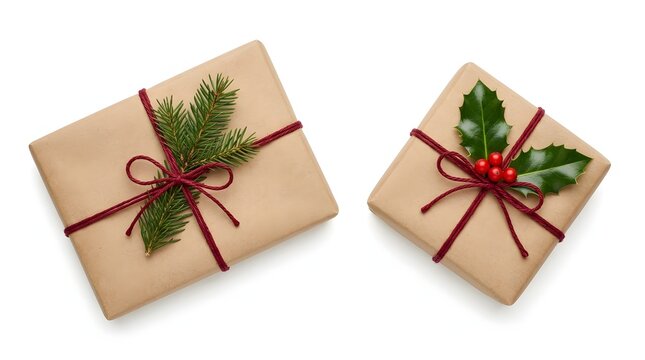 Two rustic christmas giftbox presents wrapped in brown paper with decorations
