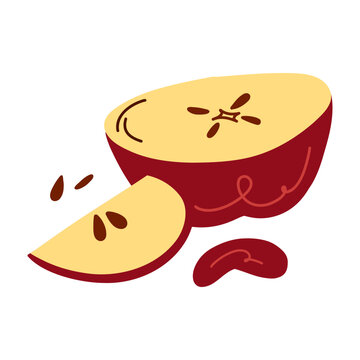 Large Hand Drawn Red Apple Cut in Half with Visible Seeds and Flesh, Simple Fruit Illustration for Healthy Eating Education, Food Labels, Recipe Books, Stickers and Kitchen Design