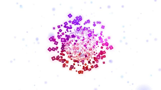 Vibrant abstract spherical burst of colorful digital pixels and geometric squares floating on a clean white background for modern creative design