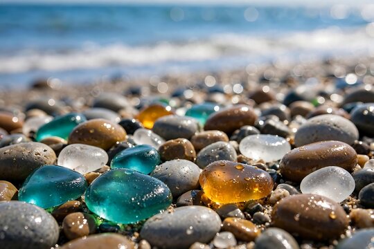 Colorful sea glass and smooth pebbles on a sunny beach shore