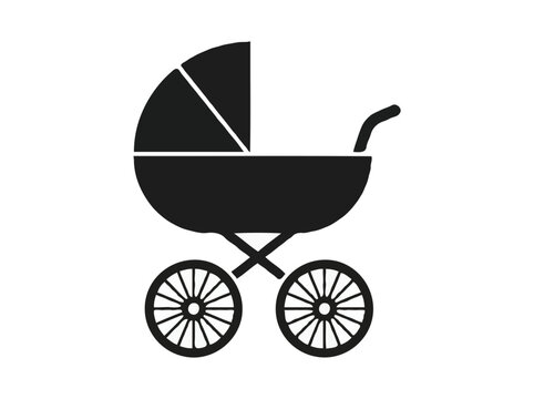 Black Silhouette of Vintage Baby Stroller Isolated on White Background   