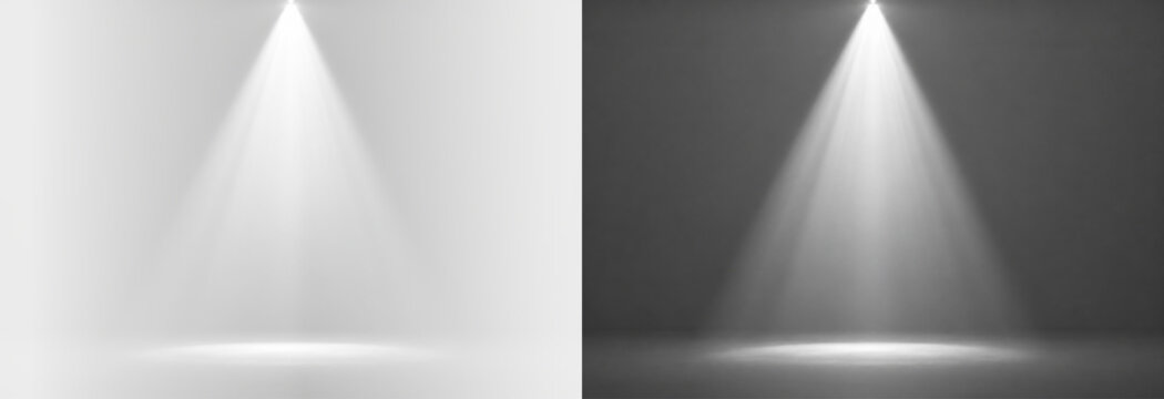 Spotlight white overhead light beam with soft cone and floor illumination overlay, on transparent background