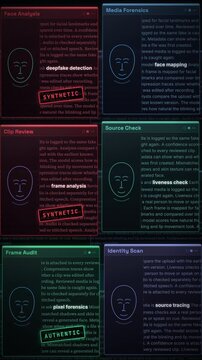 AI deepfake detection software interface scanning video frames for synthetic media and face verification.