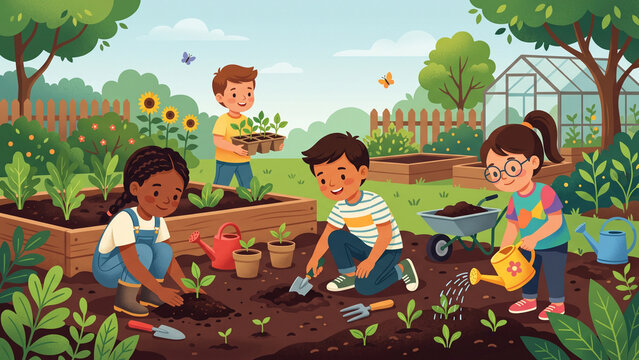 Happy kids celebrate universal children's day in a vibrant garden
