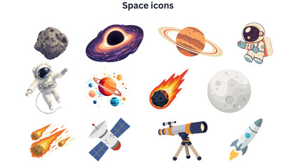 Creative astronaut outline colorful vector icon set with minimalist space symbols © SK_Graphics