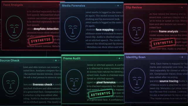 AI deepfake detection interface showing face analysis, media forensics, and synthetic content verification results.