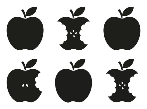Set of Whole and Bitten Apple Silhouettes with Leaves   