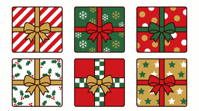 Christmas gift boxes with ribbons and bows, colorful wrapping paper patterns for holiday cards Editable EPS
