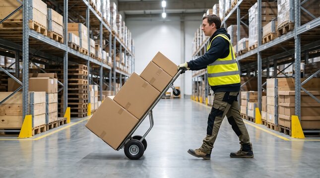 Warehouse Worker Moving Cardboard Boxes on Hand Truck