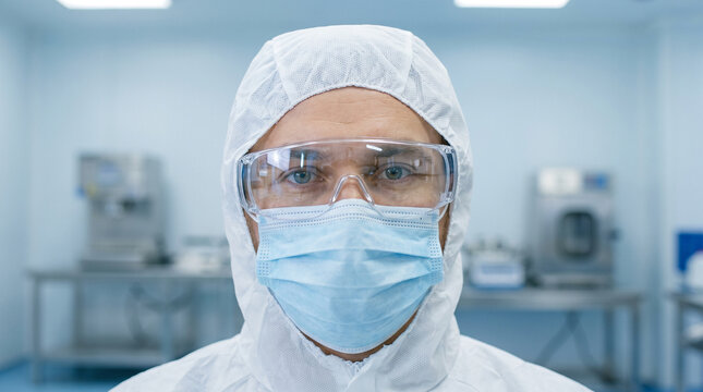 Cleanroom worker in protective gear with mask and goggles indoors  