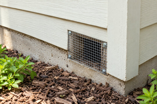 Hardware cloth mesh screwed over rodent entry hole at house foundation - rodent exclusion and pest control service
