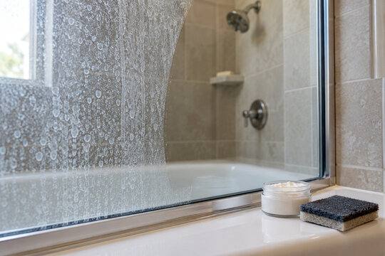 Hard water spots on shower glass with polished patch scrub pad and paste - limescale removal bathroom cleaning
