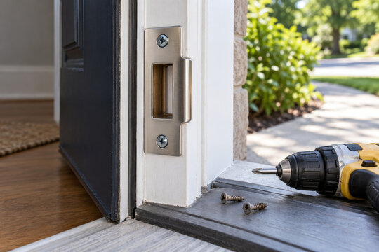New strike plate screwed to door jamb with old short screws and cordless drill on sill - locksmith door security upgrade