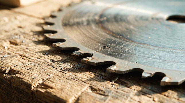 circular saw blade on wooden workbench in carpentry workshop closeup