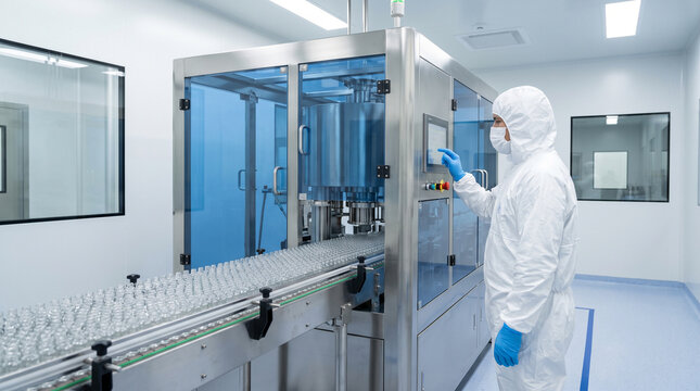 Cleanroom technician operating automated medicine filling machine  