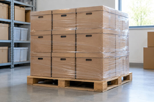 Pallet of archive boxes wrapped in stretch film in storage room - records disposal and bulk document shredding