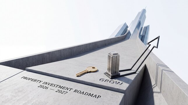 Concept of property investment roadmap for 2026-2027 featuring a house key, miniature building, and upward growth arrow on a concrete path leading toward a modern skyscraper and blue sky