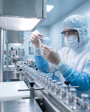 Pharmaceutical technician inspecting glass vials in a sterile cleanroom  