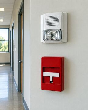 Red fire alarm pull station and white horn strobe on hallway wall - fire alarm system testing and inspection