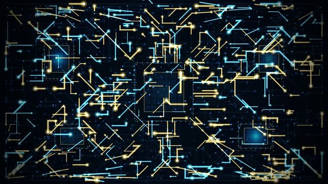 Glowing blue and gold digital circuit board lines move across a dark background. futuristic cyber technology network pattern displays intricate data connection.