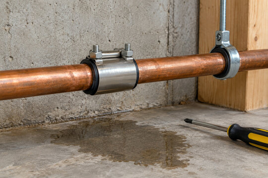 Stainless steel repair clamp on leaking copper water pipe in basement - emergency pipe leak repair plumbing