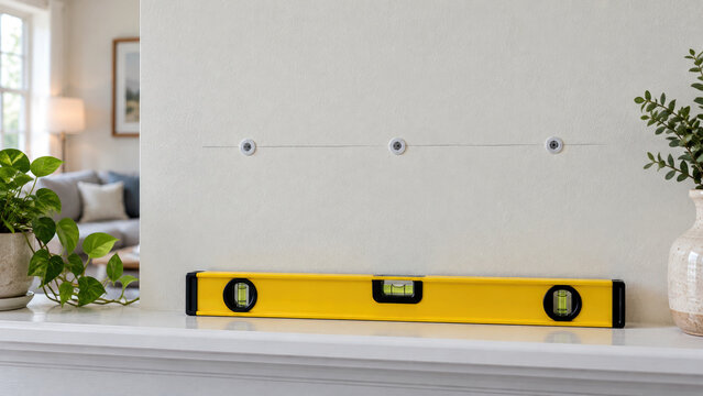 Three drywall anchors set in a row on a pencil line with a spirit level - handyman wall mounting and home repair