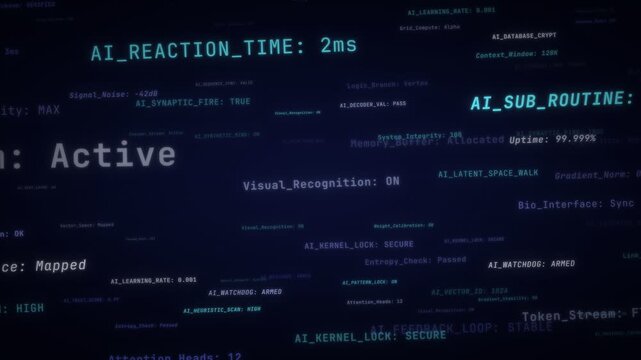 Seamless loop of glowing cyan AI data labels drifting through dark navy 3D space with depth of field blur, machine learning code and system telemetry