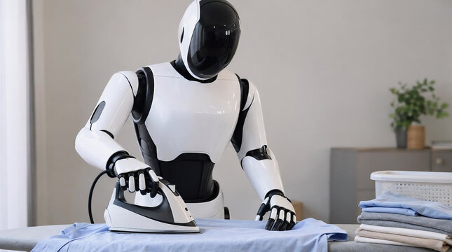Humanoid Robot Ironing Clothes in a Modern Home