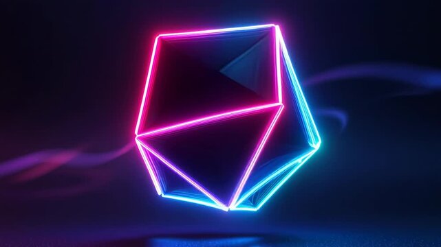 Geometric neon polyhedron rotating slowly in darkness with vibrant color shifts and subtle reflections