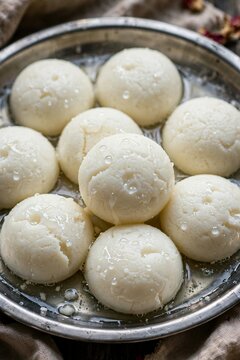 White spongy rasgulla sweets in steel plate with sugar syrup 